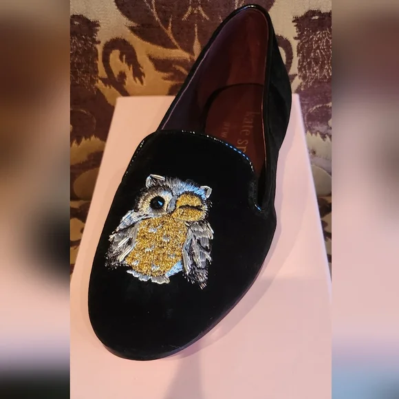 Kate Spade WINK Black Velvet NWB OWL EMBELLISHED FLATS in size 9M